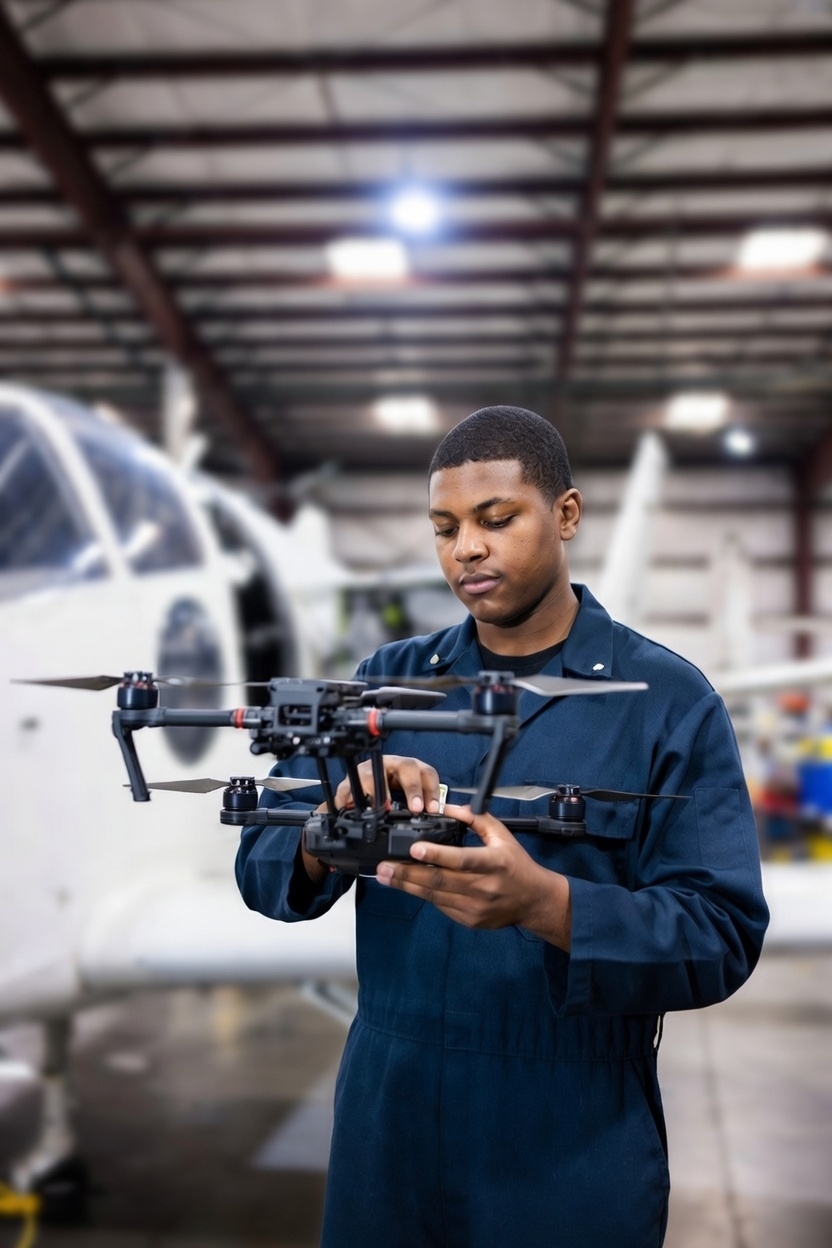 Aircraft or drone technician performing inspection and repair work